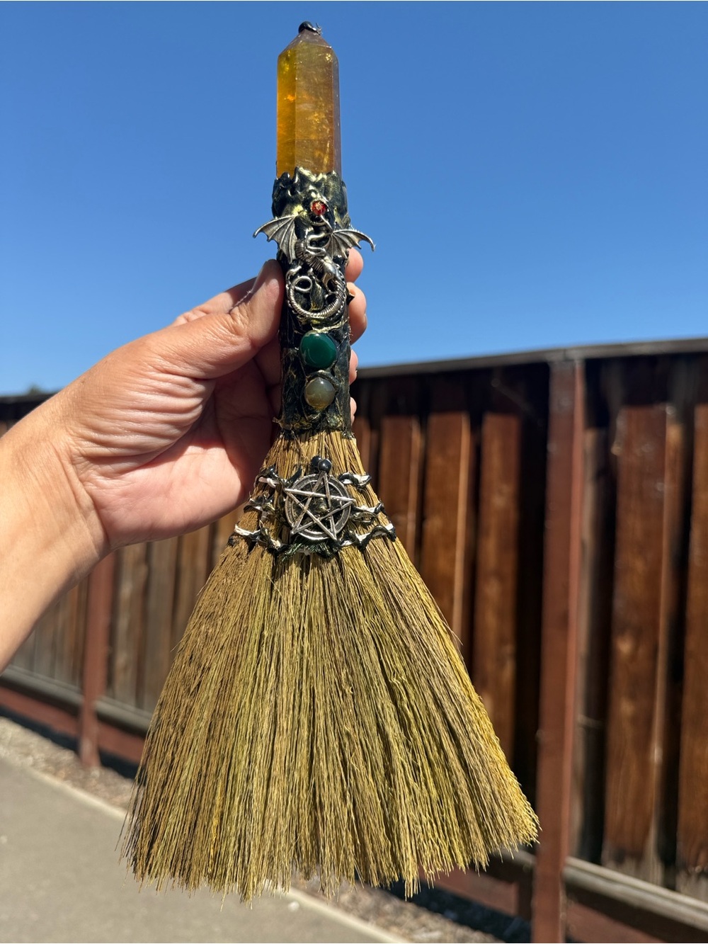Handmade Yellow Fluorite & Dragon Pentacle Besom Altar Broom